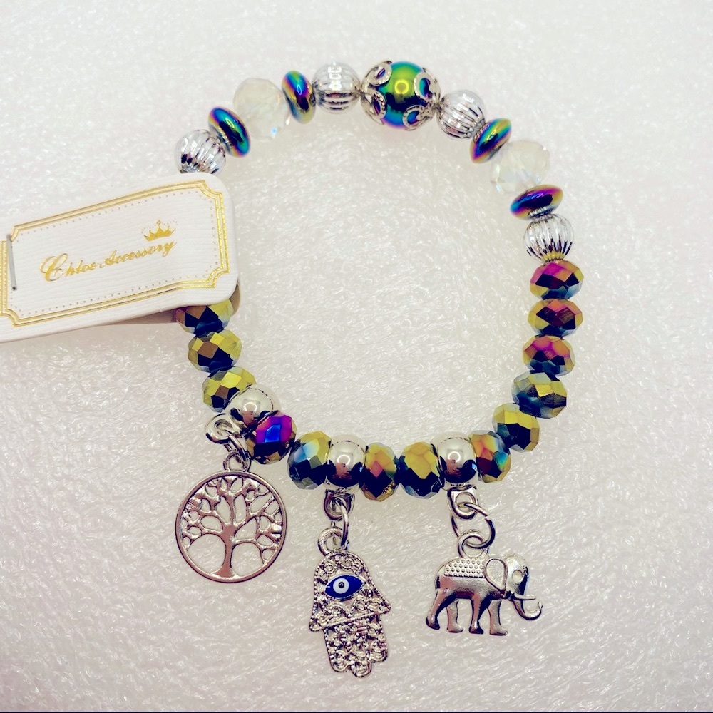 Bracelet Elephant Tree Of Life Hamsa With Iridescent Glass Beads Very B 12$